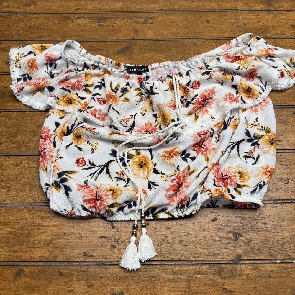DEREK HEART Women's M Boho Floral Off The Shoulder Tassel Crop Ruffle Top Shirt